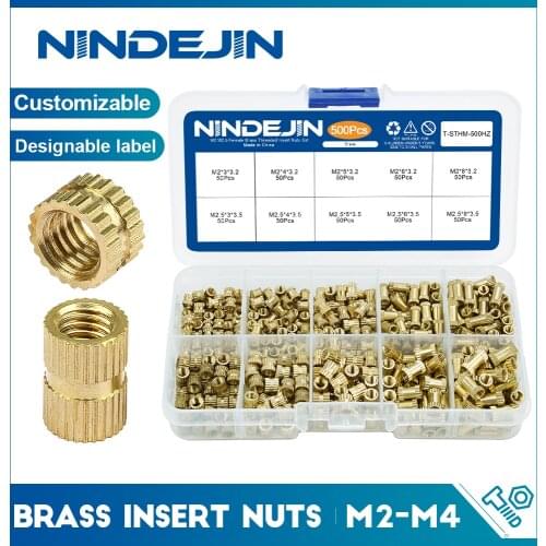NINDEJIN 450/500pcs Brass Insert Nuts Set Female Thread Brass Molding Insert Knurled Nuts Assortment Double twill Embedded Nuts