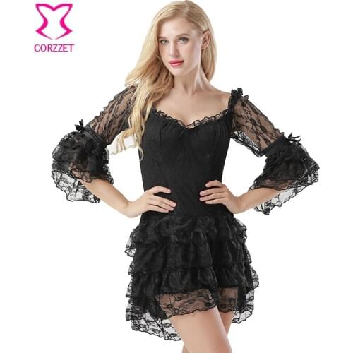 New Black Slash Neck Off Shoulder Floral Lace Flare Sleeve Layered Ruffles Victorian Steampunk Dress Women Sexy Gothic Dresses