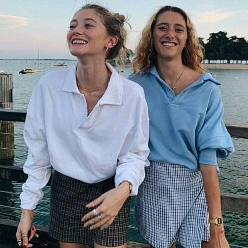 Solid Simple Cotton Sweatshirts Women Autumn Turn Down Collar Long Sleeve Loose Pullover Top Vintage Casual Y2k Hoodie Tops 2021