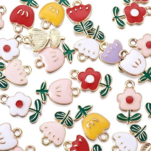 48pcs Environmental Alloy Enamel Flowers Pendants Cute Flower with Green Leaves Enamel Charms for Jewelry Making DIY Bracelets