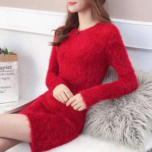 Sweater Dress Knitted Christmas Winter Dress Women Bodycon Long Sleeve Warm Dresses For Women Party 2020 Fluffy Mini Clothes Red
