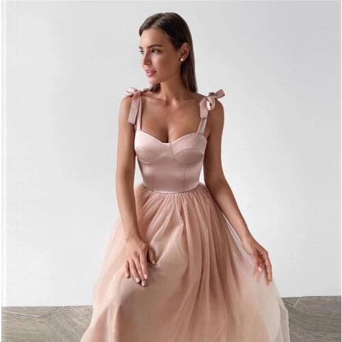 Simple Baby Pink Short Satin Tulle Knee Length Prom Dress Sweeetheart Ribbons Straps Formal Party Dresses 2021 robe de mariage