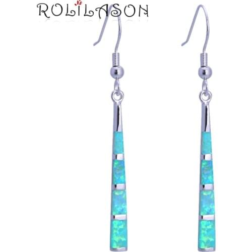 ROLILASON Anniversary Cute design Green Fire Opal Silver Stamped Drop Earrings for women Fashion Jewelry JE1158