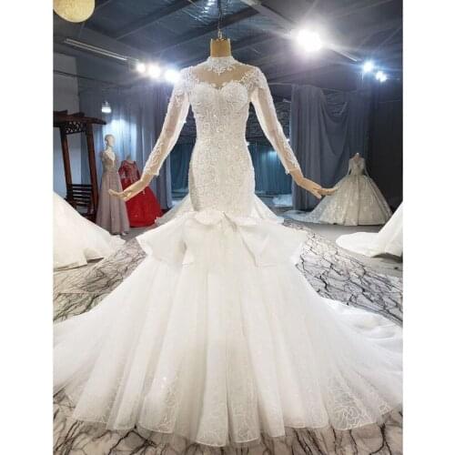 African Luxury Lace Mermaid Wedding Dresses 2021 Illusion Neck Long Sleeve Detachable Train Appliques Beads Bridal Gowns Arabric