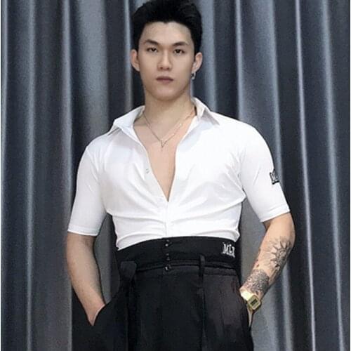 Adult Men Latin Dance Shirt Ballroom Dancing Summer Practice Tops Tango Samba Performance Costume Competition Clothing YS1703