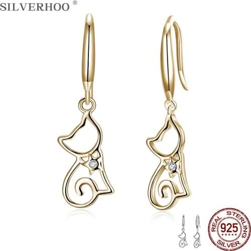 SILVERHOO 925 Sterling Silver Earrings For Women Hollow Cute Kitty Inlaid 5A Cubic Zircon CZ Drop Earring Romantic Fine Jewelry