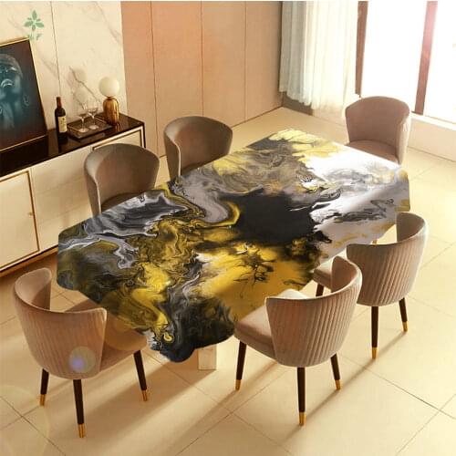Yellow And Gray Dyed Marble Texture Features Waterproof And Oil Proof Tablecloth, Family Table Decoration