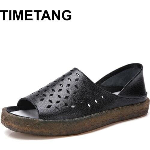 TIMETANGPlus Size35-44 2019 Summer New Hollow Sandals Women Flat Low Heel Breathable Fashion Genuine Leather Sandals FemalesE553