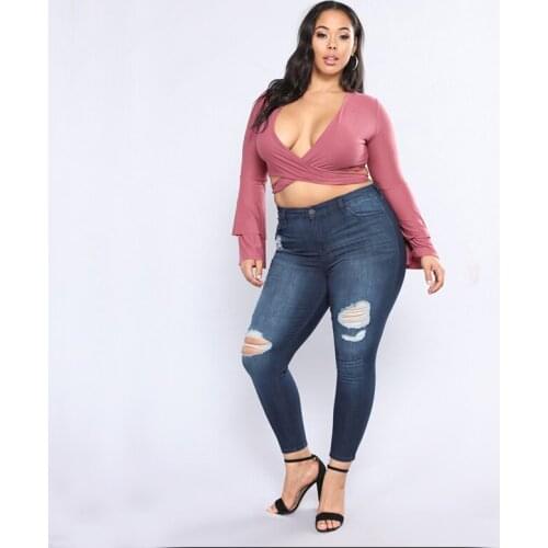 Plus Size 7X Female Trousers Skinny Big Size Woman Tight Push Up Ripped Jeans Elastic Stretch Ripped Denim Pants Female