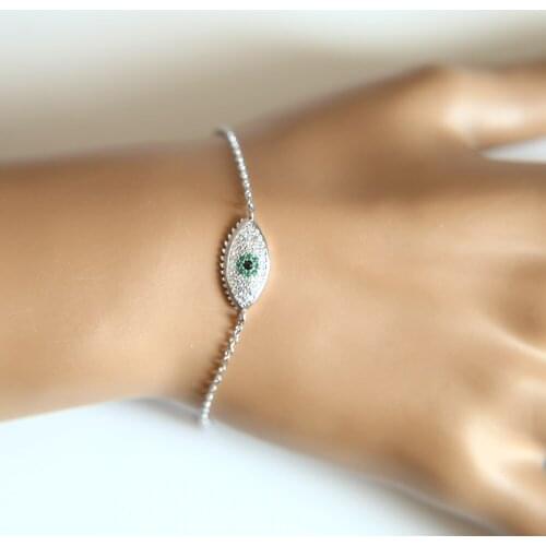 Silver 925 sterling eye charm bracelet with cz paved tiny link chain gold silver rose gold color for women wedding bracelet