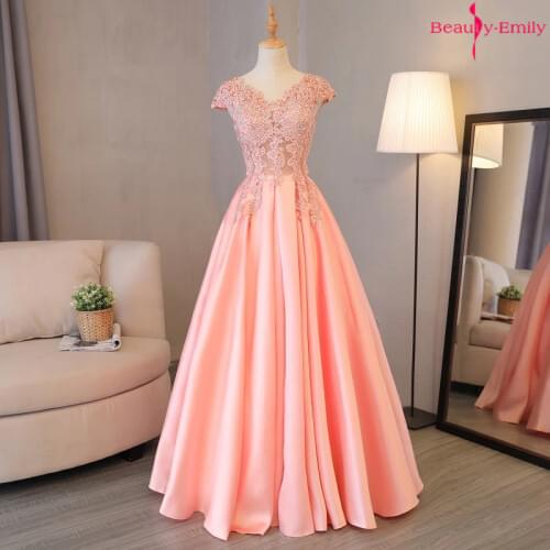 Beauty Emily Gorgeous 2021 Long Lace Appliques Pink Evening Dresses V Neck Sleeveless Pleated Prom Gown For Ceremony Party Dress