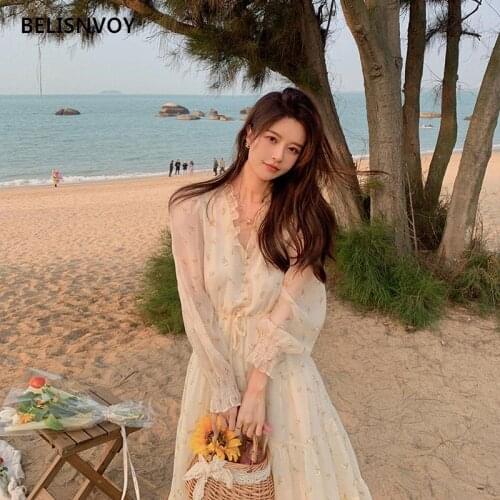 Korean Style Summer 2021 Elegant Sweet Retro Dress Women Long Sleeve Chiffon V-neck Floral Dresses Party Beach Dress for Females