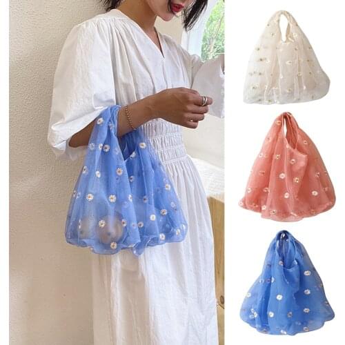 2021 Spring Women Small Transparent Tote Mesh Cloth Bag Daisy Embroidery Handbag High Quality Eco Fruit Bag Purse For Girls