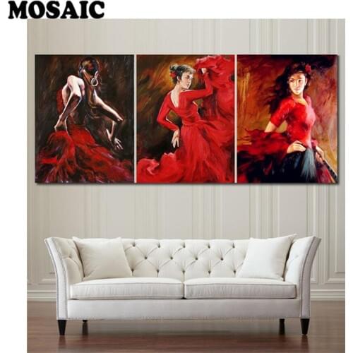 3pcs/set,Drop shipping,red skirt dancer girl diamond Embroidery Mosaic Pattern Wall Art diamond Painting for Living Room Decor