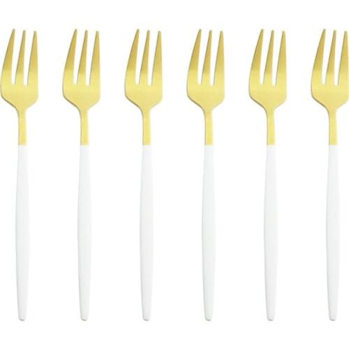 6Pcs Fruit Fork Set White Gold Small Dessert Fork Stainless Steel Tea Forks Set For Cake Snack Salad Fork Dinnerware Cutlery Set
