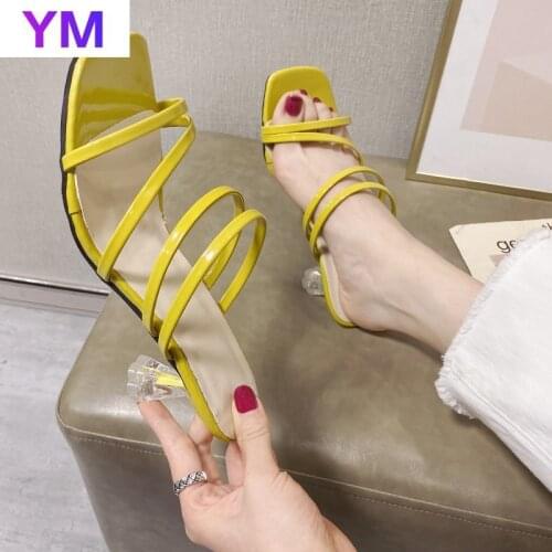 Women Sandals Strappy Clear Heels Sandals Sexy Outside Beach Sandals Zapatillas Mujer Casa Sapatos Mulher 2021 Yellow Beige 42