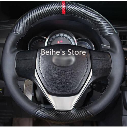Hand sewing Leather Carbon Fiber Steering Wheel Cover For Toyota RAV4 Corolla