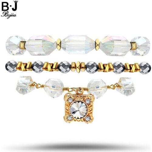 Bojiu Crystsl Long Roll String Beaded Handmade Chain Square Shinning Stone Charm with Cute Hematite Bead Bracelets BCSET57