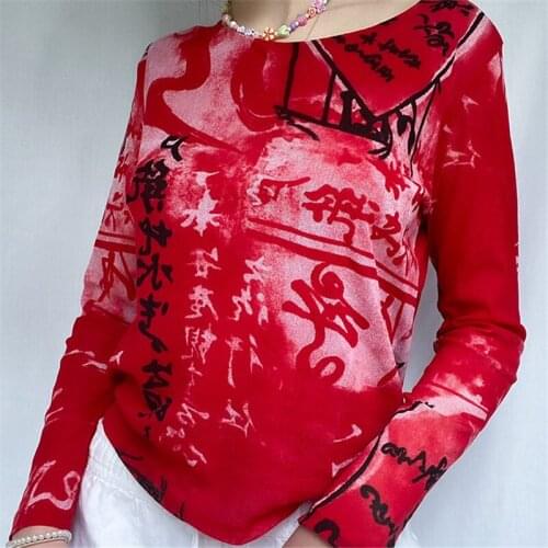 Dourbesty 90s Aesthetic Graphic Print T-shirt Y2K Long Sleeve Cropped Top Women Sweats Vintage Harajuku Gothic Tees Streetwear