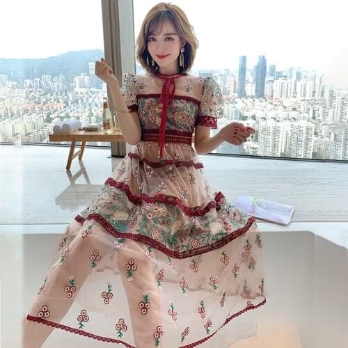 Floral Embroidery Summer Lace Dress Women Vintage Beach Boho Mesh Long Dress Lace Up Puff Sleeve Party Dress Runway 2020 A667
