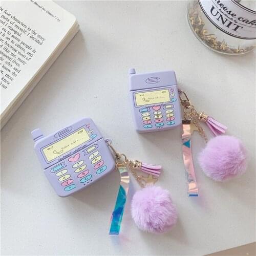 Lovely Purple Telephone Case for Airpods Pro 2 3D Cute Silicone Protective Cover Bluetooth Earphone Bag Pompom Pendant