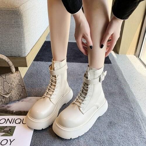 Fashion Leather Ankle Boots Women Autumn Winter Ladies Thick-soled Martin Boots Womens Mid-tube Slimming Motorcycle Short Boots