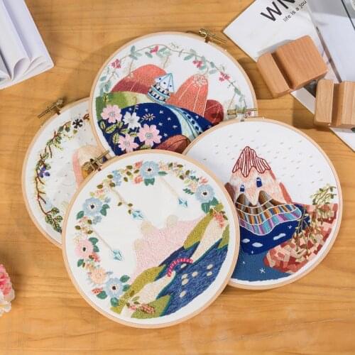 DIY Landscape Flower Embroidery Kit with Hoop Needlework Scenery Cross Stitch Handmade Craft Gift Wall Painting Art Home Decor