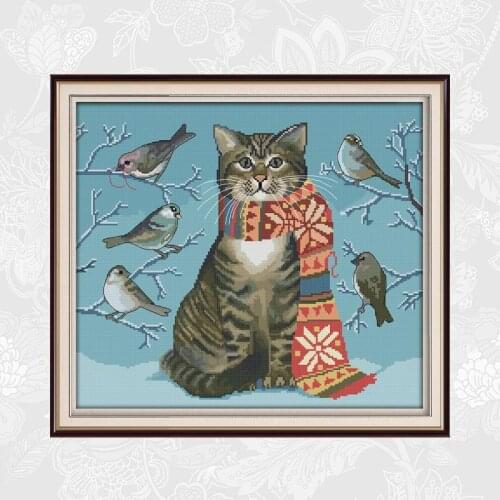 A cat and birds Stamped Cross Stitch Kits Embroidery Needlework Sets 11CT 14CT Chinese Cross Stitch Patterns Home Decoration