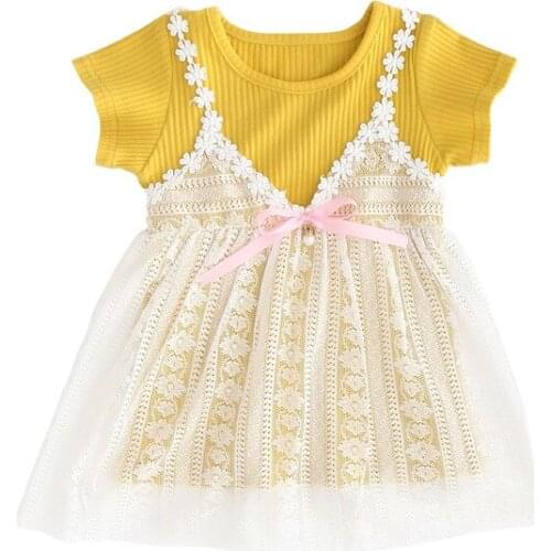 Toddler Girl Dresses Striped Sweet Girls Skirt Summer Short-sleeved Cotton Bow-Tie Yellow Lace Baby Girl Clothing