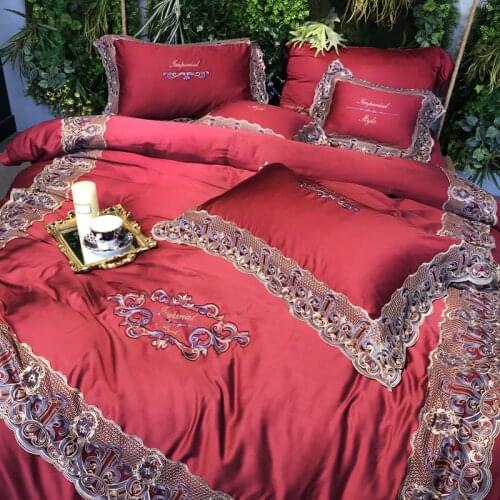 Luxury Lace Embroidery Tencel 100S Egyptian cotton Wedding Bedding sets Queen King red Duvet cover Bed sheet set Pillowcase