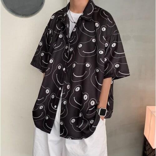 Spring Summer Shirts Mens Streetwear Hiphop Cartoon Printed Casual Coat Thin Loose Tops Short Sleeve Hawaiian Shirt Male Clothes