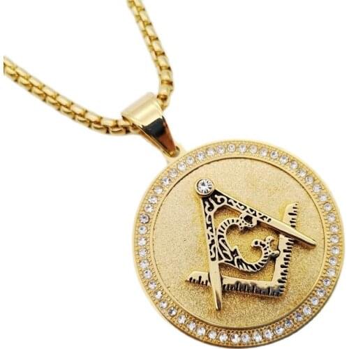 Freemasonry pendant necklace AAA rhinestones decorated stainless steel Free and Accepted Masons round medal necklace Free Mason