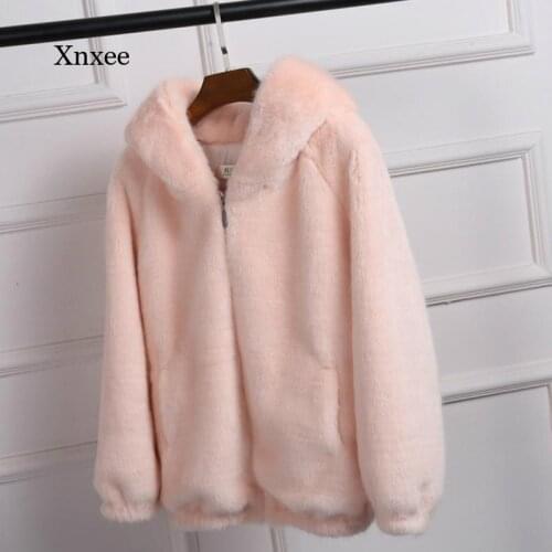 Soft Fake Rabbit Fur Hooded Coat Winter Warm New Casual Women Faux Fur Furry Mink Ladies Jacket Zipper Outwear Plus Size Jacket