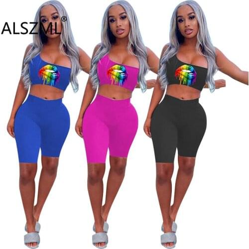 Lip Print Strapless Two Piece Set Active Tracksuit Sporty Outfits Summer Clothes Set Matching Set