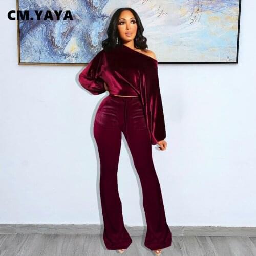 CM.YAYA Women Tracksuits Solid Velvet Loose Tops + Flare Pants Two 2 Piece Sets for Female Fashion Outfits Casual Sweatsuit Fall