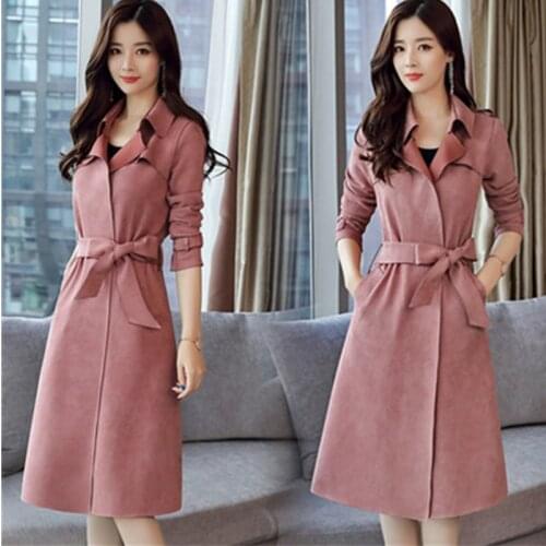 Trench Coat Womens Slim Long Coats 2020 New Spring autumn Korean Black Suede Windbreaker With Belt Casual Outerwear Female