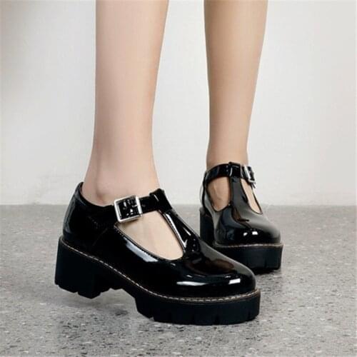 PXELENA Retro British Women T Strap Shoes Chunky Block Med Heels Pumps 2021 Spring Autumn Patent Leather Student Collegiate 43