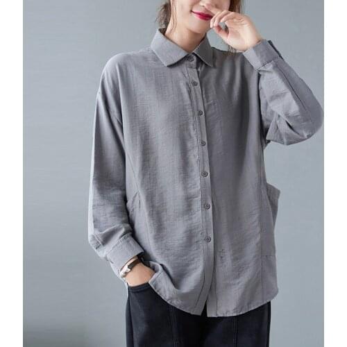 Women Loose Casual Long Sleeve Shirts New Arrival 2021 Autumn Simple Style Solid Color All-match Female Cotton Linen Tops B1056
