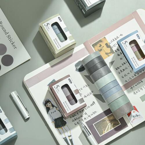 5pcs Gradient Solid Color Morandi Washi Tapes Sticker Vintage Masking Tape Set Scrapbooking Tool Stationery Office Supplies