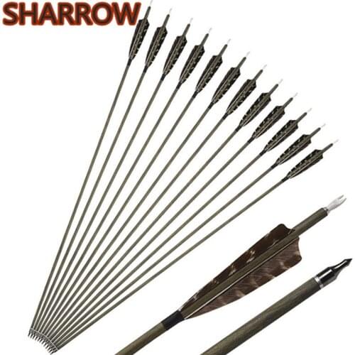 6/12Pcs 30" Archery Pure Carbon Arrows SP350 Wood Skin Shaft Turkey Feathers Broadhead Arrow Carbon Hunting Shooting Accessories