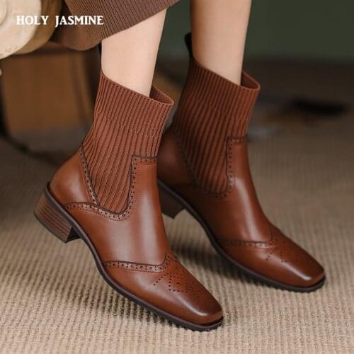 Genuine Leather Square Toe Western Boots Thick Heels Brown Color Winter British School 2021 Knitting Ankle Boots Platform Shoes