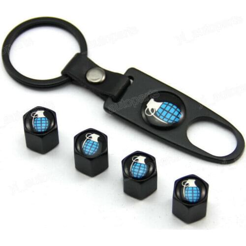 Black Tire Wheel Rim Stem Air Dust Valve Caps Wrench Key Chain Grenade Universal Fit For Toyota Honda BMW Mercedes Benz Isuzu