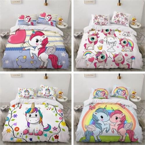 Unicorn White Pink Bedding Sets For Children Kids Queen King Size Cartoon Soft Duvet Cover Single Double Twin Full Bed Linen