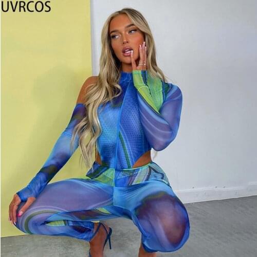 UVRCOS Two Piece Set Women Summer Hot Cyber Y2k Clothes Hipster Tie Dye Irregular Bodysuit And Sexy Mesh Leggings Impressos Sets