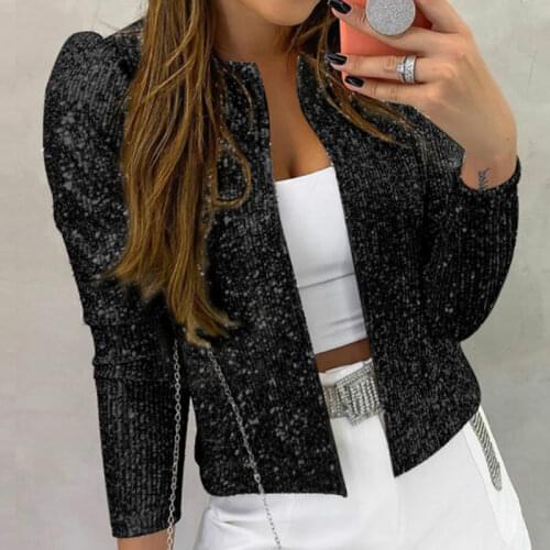 Long Sleeve Cool Party Clubwear Female Tops Open Front Stand Collar Chic Jackets Women Jacket Sequined Bling Glitter Coat GV929