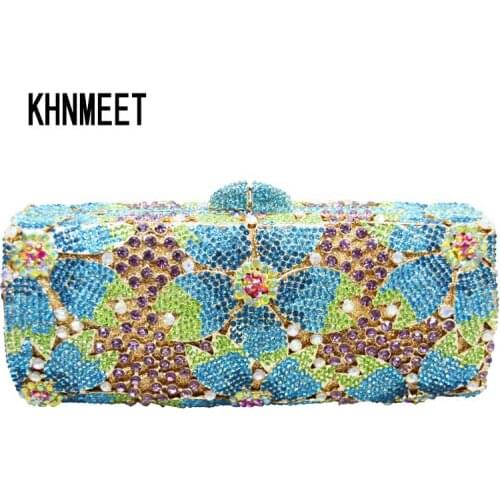LaiSC Golden silver green Bridal clutch bag long shape flower pattern plated alloy diamante women clutch purse evening bag SC151