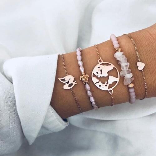 Cute Fox Pattern Pink Beaded Bracelet for Women Multi-layer Alloy Turtle Heart World Map Pendant Bracelet Set Bangles Gift