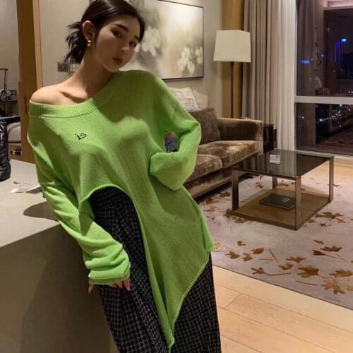 Fashion Irregular Split Knitting Shirt Spring Vintage Letter Print Loose Pullover Long Sweater Womens Long Sleeve Knitwear Tops