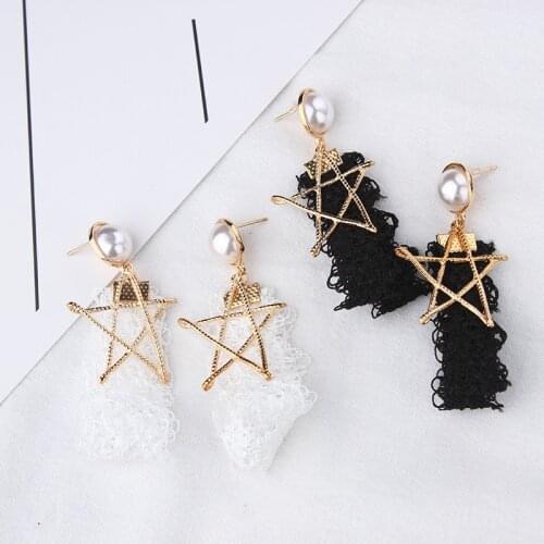 Wholesale Sales Fashion New Listing Punk Earrings Black / White Lady Lace Double Cloth Five-pointed Star Pearl Ladies Earrings