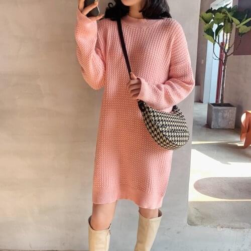 2021 autumn and winter round neck womens mid-length Wool Sweater dress lazy thick loose large size knitted base sweater women
